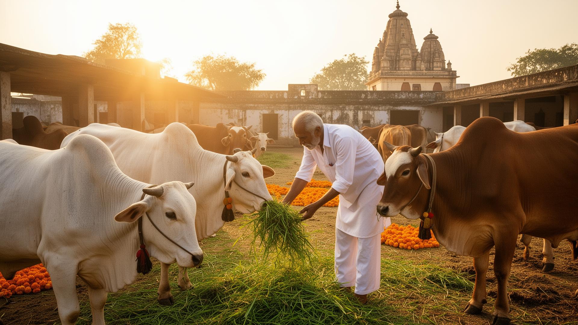 गौ माता और बछड़े की सेवा करते हुए स्वयंसेवक